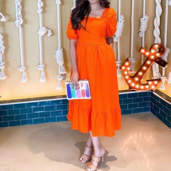 Who What Wear Open Back Tie Puff Sleeve Linen Blend Midi Dress Orange Size XS - Picture 2 of 16